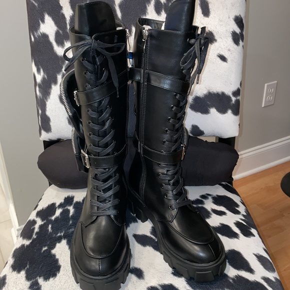 AWANG x Dolls Kill Tactical Double Zippered Pouch Knee High Combat Boots - NWT - Picture 10 of 10